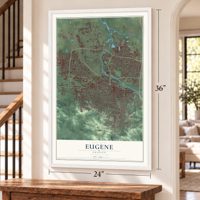 Eugene, Oregon map, 24 x 36 inch print in a white frame by a staircase