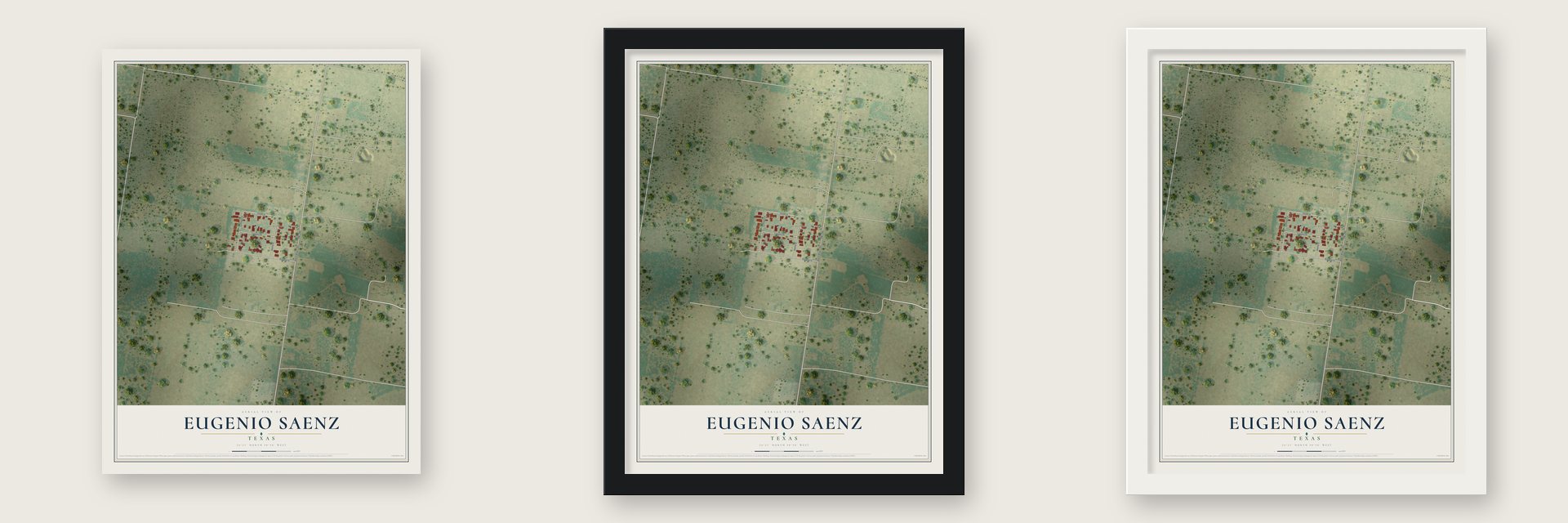 Eugenio Saenz, Texas map unframed, in a black wood frame and in a white wood frame