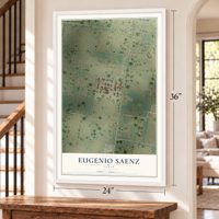 Eugenio Saenz, Texas map, 24 x 36 inch print in a white frame by a staircase