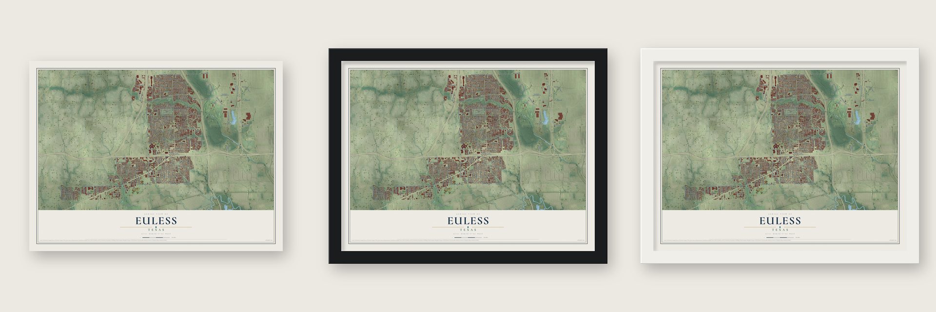 Euless, Texas map unframed, in a black wood frame and in a white wood frame