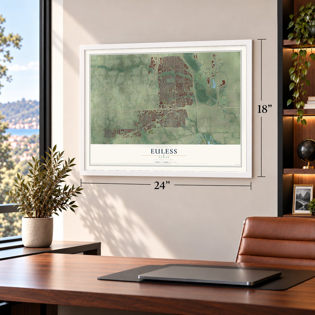 Euless, Texas map, 18 x 24 inch print in a white frame in a home office
