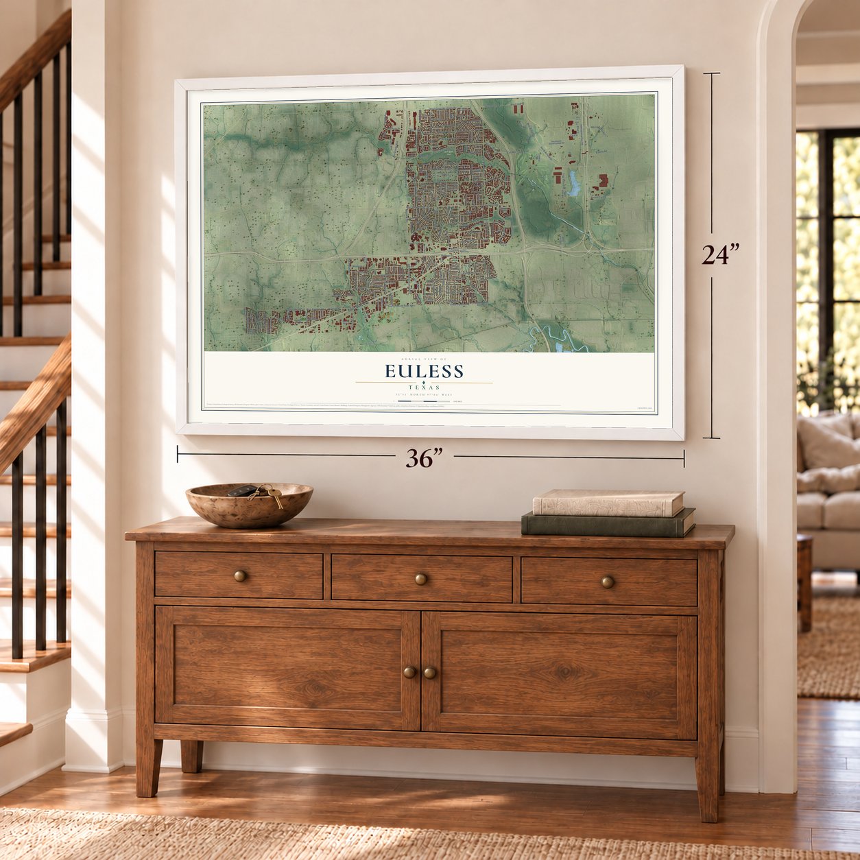 Euless, Texas map, 24 x 36 inch print in a white frame above a dresser by a staircase