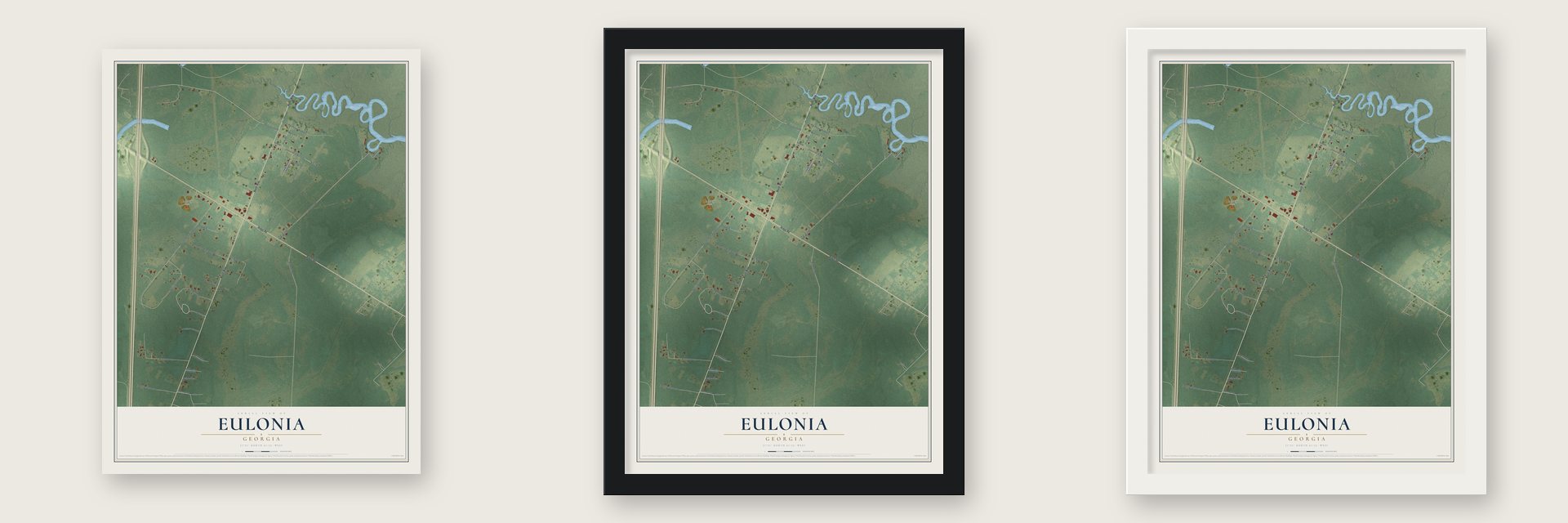 Eulonia, Georgia map unframed, in a black wood frame and in a white wood frame