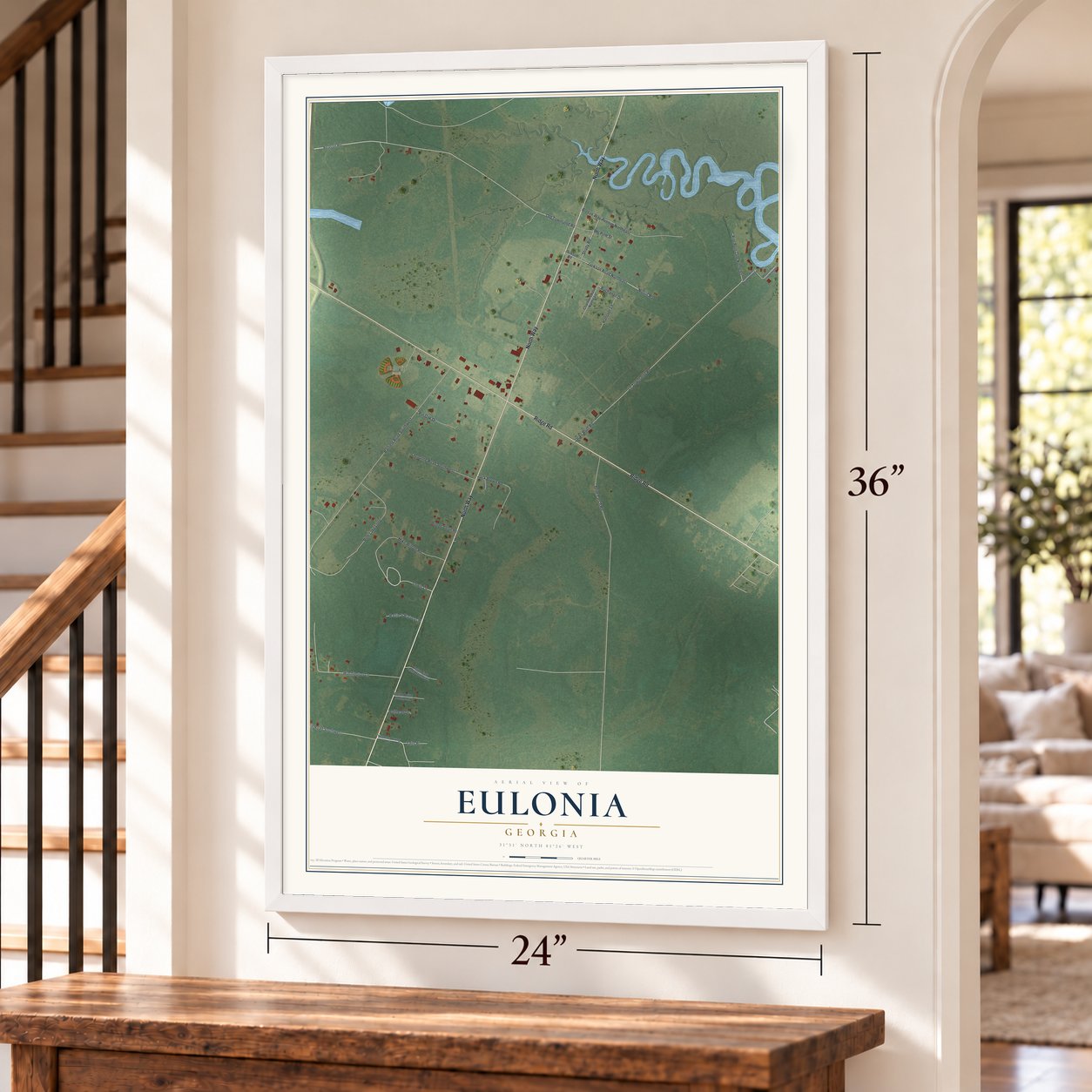 Eulonia, Georgia map, 24 x 36 inch print in a white frame by a staircase
