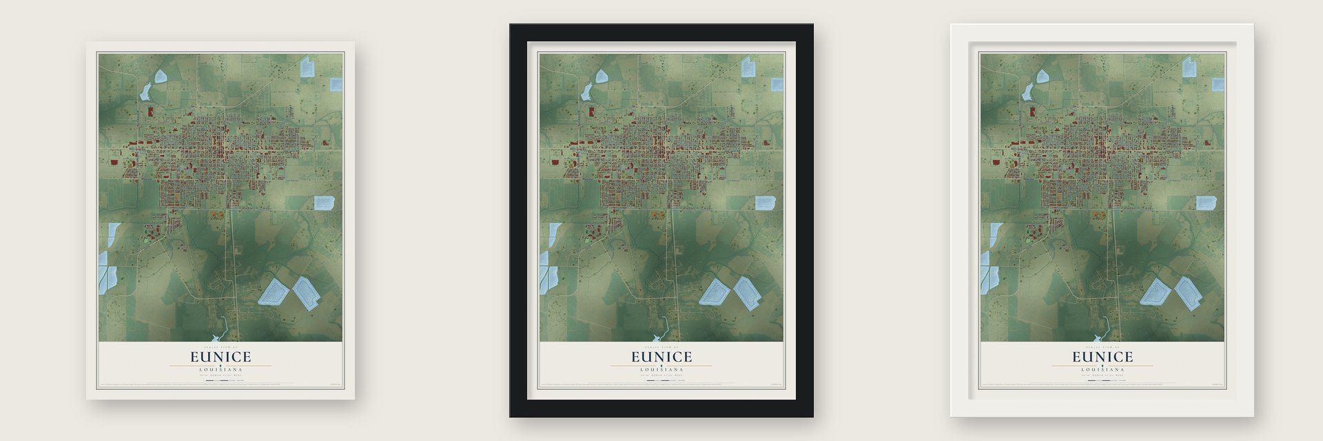 Eunice, Louisiana map unframed, in a black wood frame and in a white wood frame