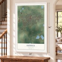 Eunice, Louisiana map, 24 x 36 inch print in a white frame by a staircase