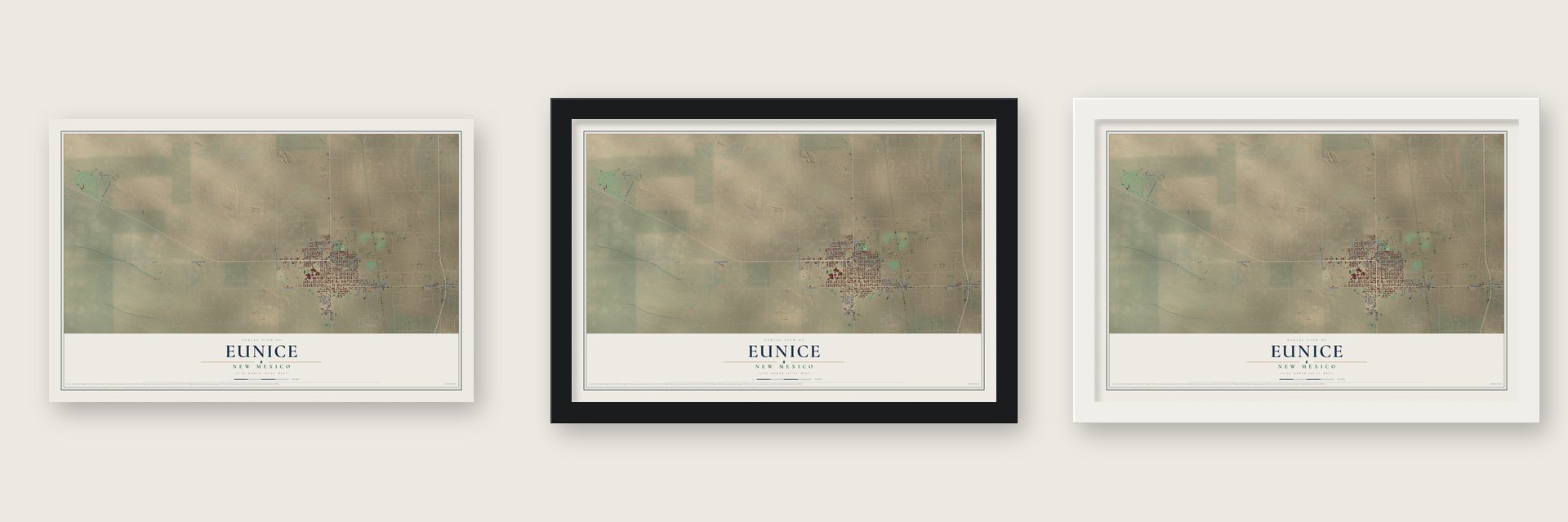 Eunice, New Mexico map unframed, in a black wood frame and in a white wood frame