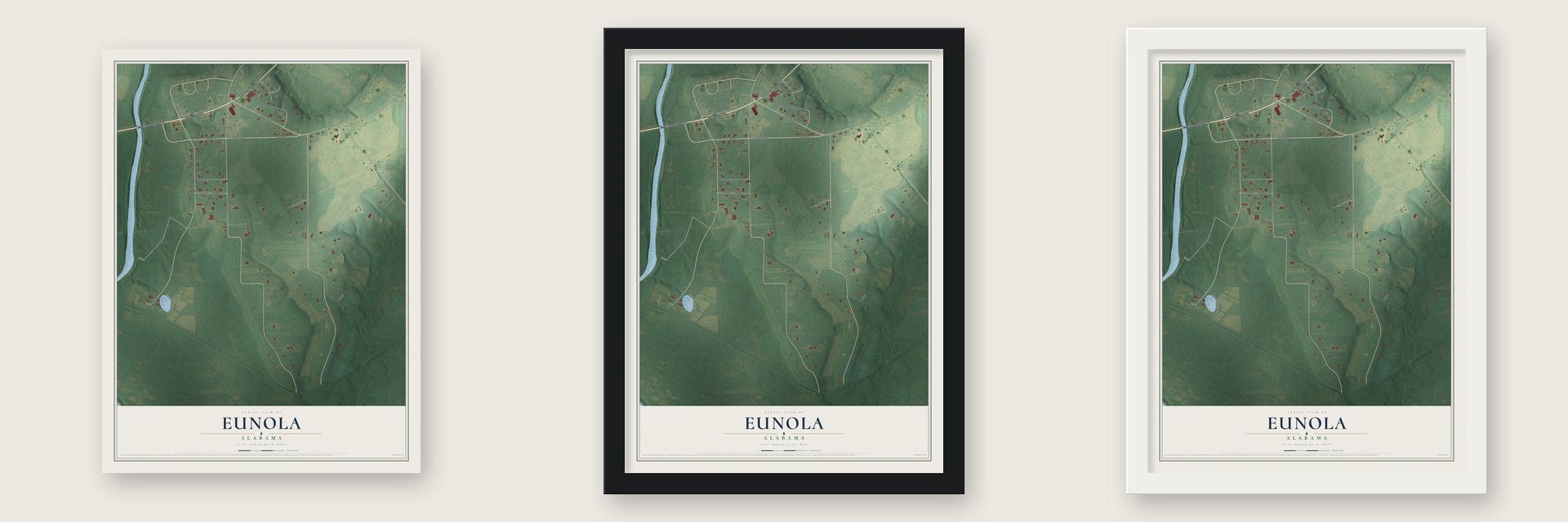 Eunola, Alabama map unframed, in a black wood frame and in a white wood frame