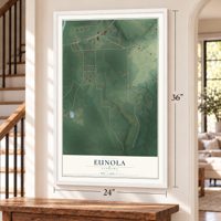 Eunola, Alabama map, 24 x 36 inch print in a white frame by a staircase