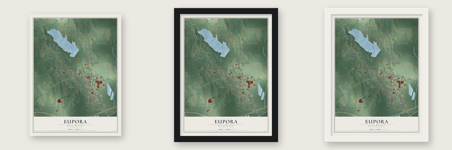 Eupora, Mississippi map unframed, in a black wood frame and in a white wood frame