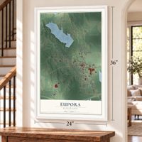 Eupora, Mississippi map, 24 x 36 inch print in a white frame by a staircase