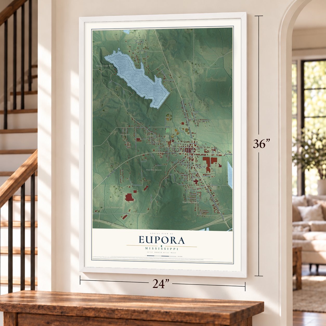Eupora, Mississippi map, 24 x 36 inch print in a white frame by a staircase