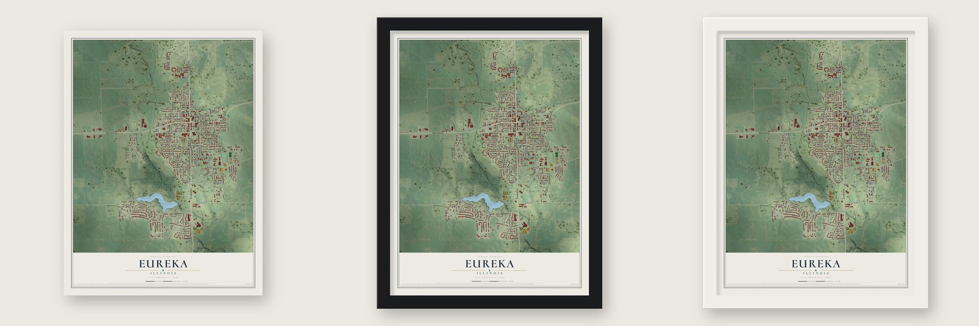 Eureka, Illinois map unframed, in a black wood frame and in a white wood frame