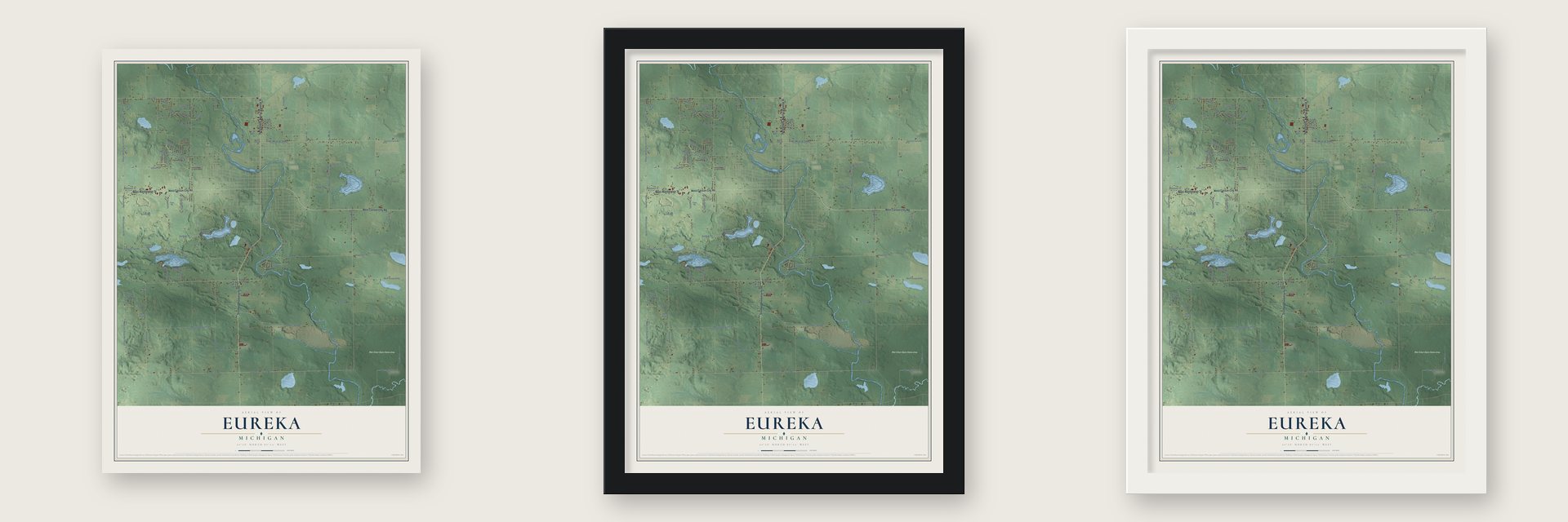 Eureka, Michigan map unframed, in a black wood frame and in a white wood frame