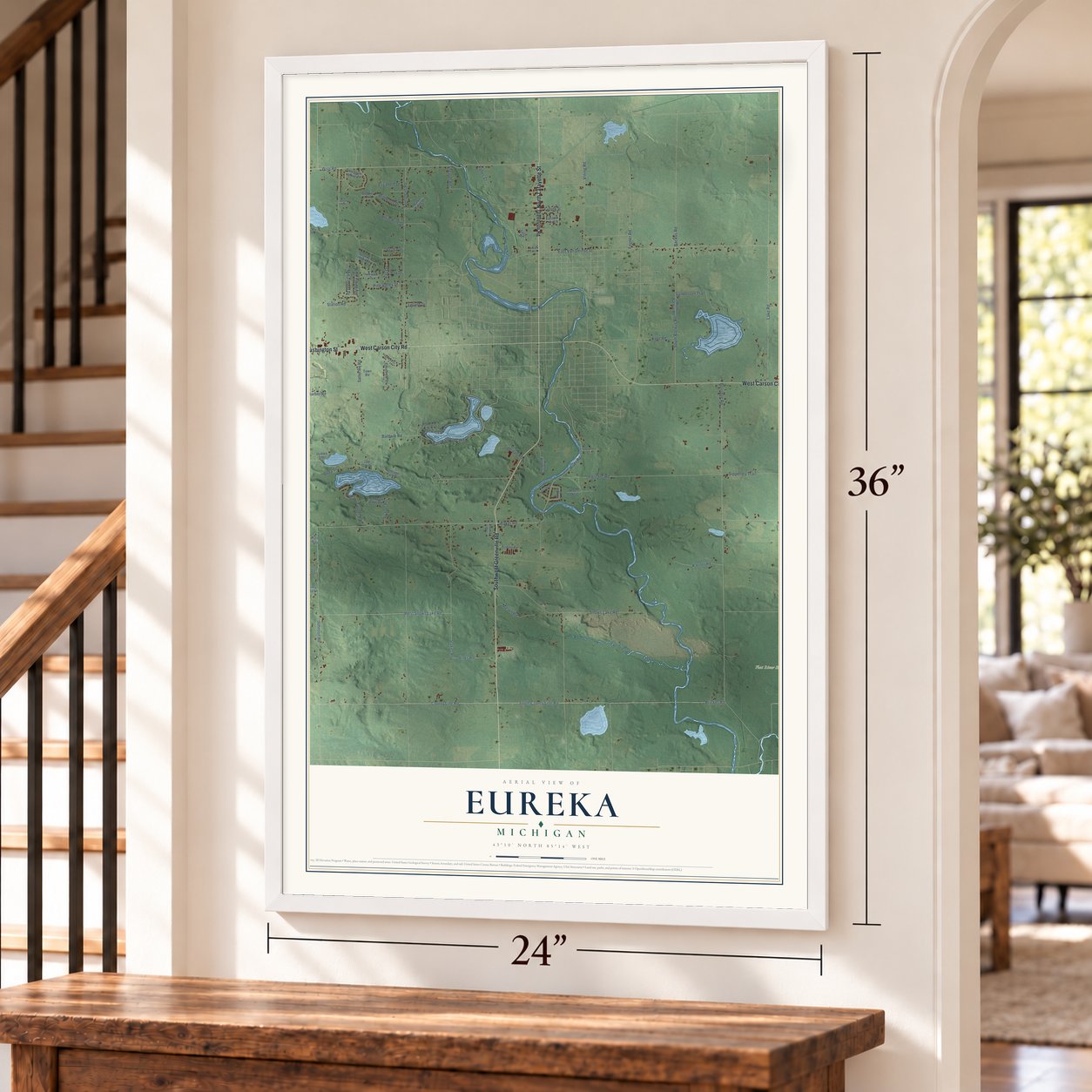 Eureka, Michigan map, 24 x 36 inch print in a white frame by a staircase