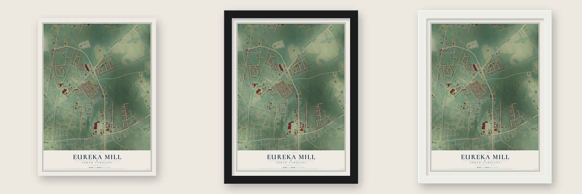 Eureka Mill, South Carolina map unframed, in a black wood frame and in a white wood frame