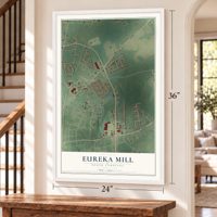Eureka Mill, South Carolina map, 24 x 36 inch print in a white frame by a staircase
