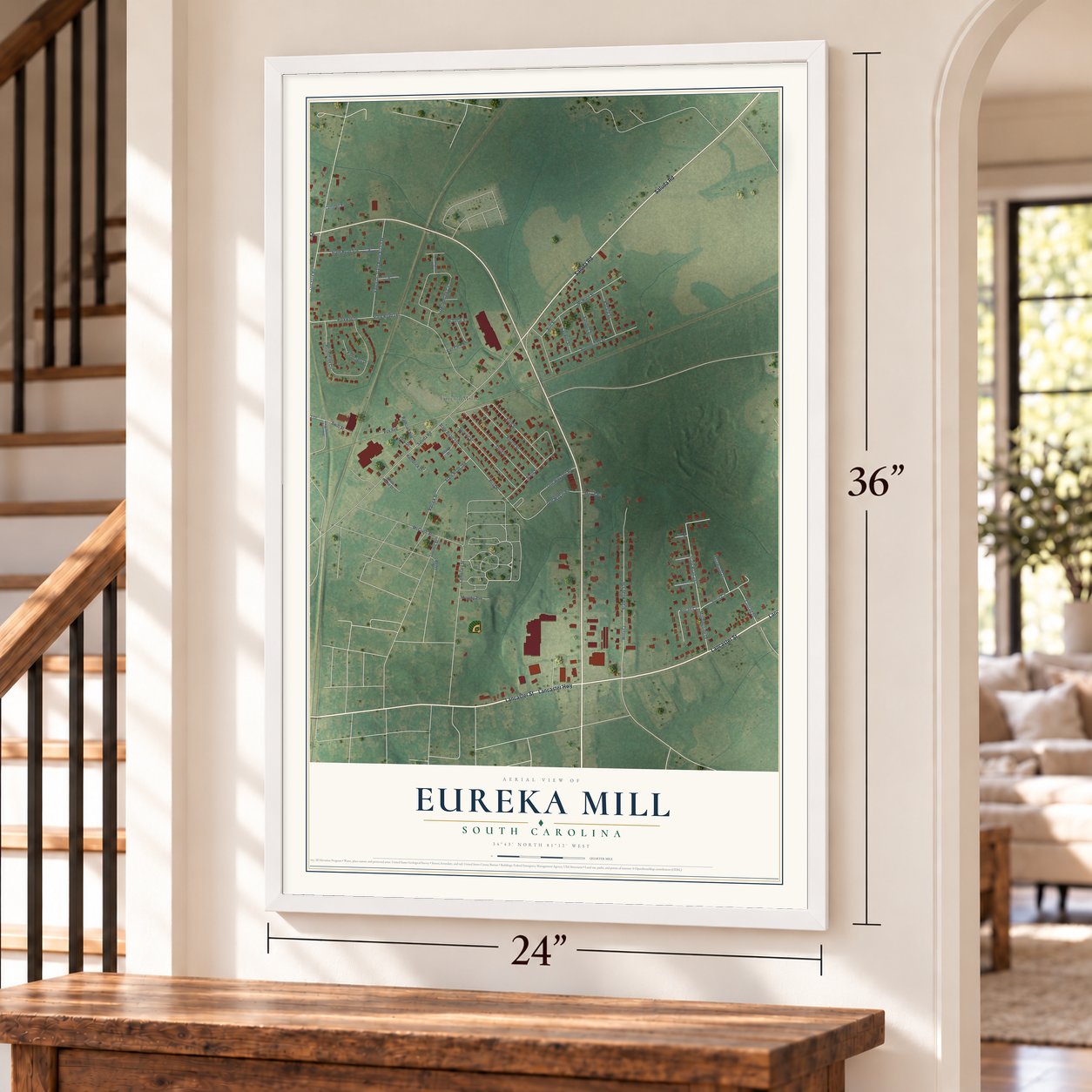 Eureka Mill, South Carolina map, 24 x 36 inch print in a white frame by a staircase