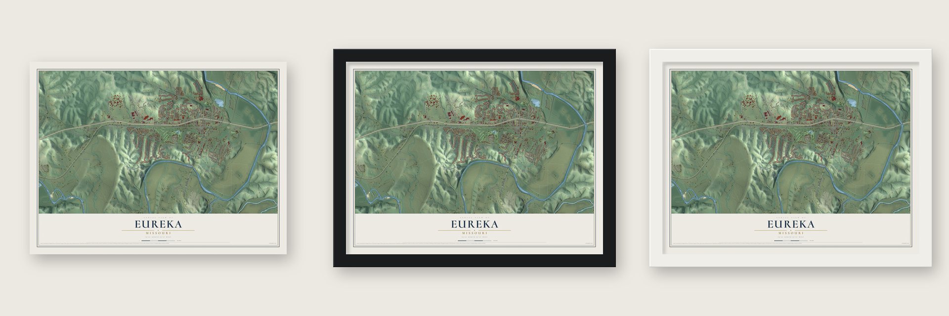 Eureka, Missouri map unframed, in a black wood frame and in a white wood frame