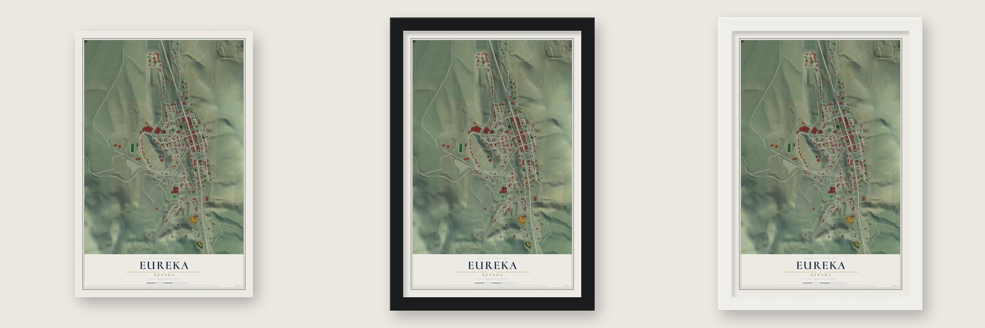 Eureka, Nevada map unframed, in a black wood frame and in a white wood frame