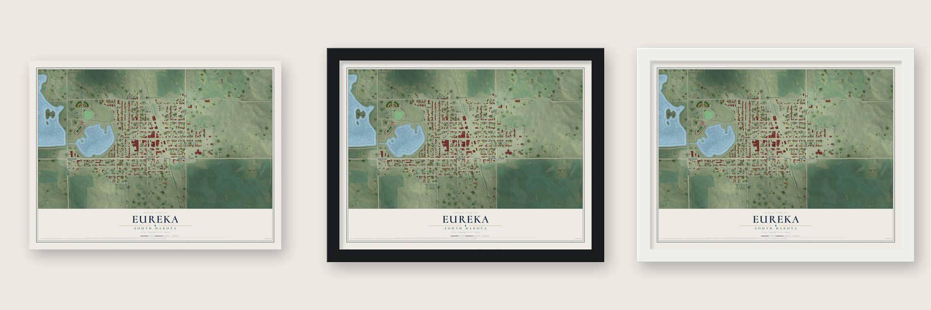 Eureka, South Dakota map unframed, in a black wood frame and in a white wood frame