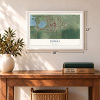 Eureka, South Dakota map, 12 x 18 inch print in a white frame in an entryway