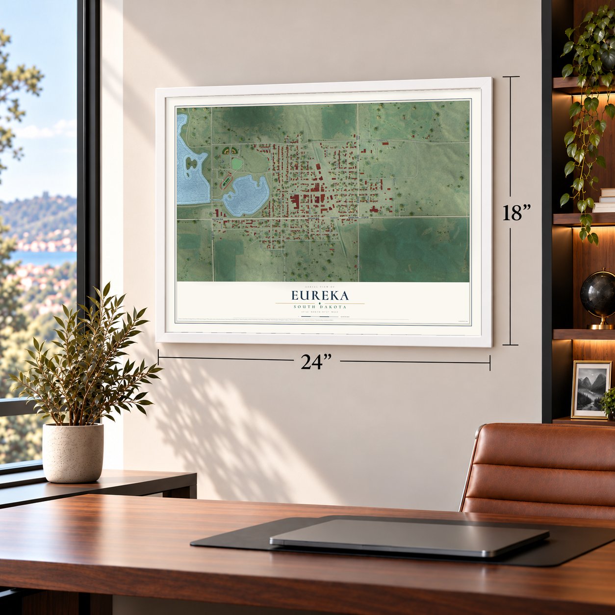 Eureka, South Dakota map, 18 x 24 inch print in a white frame in a home office