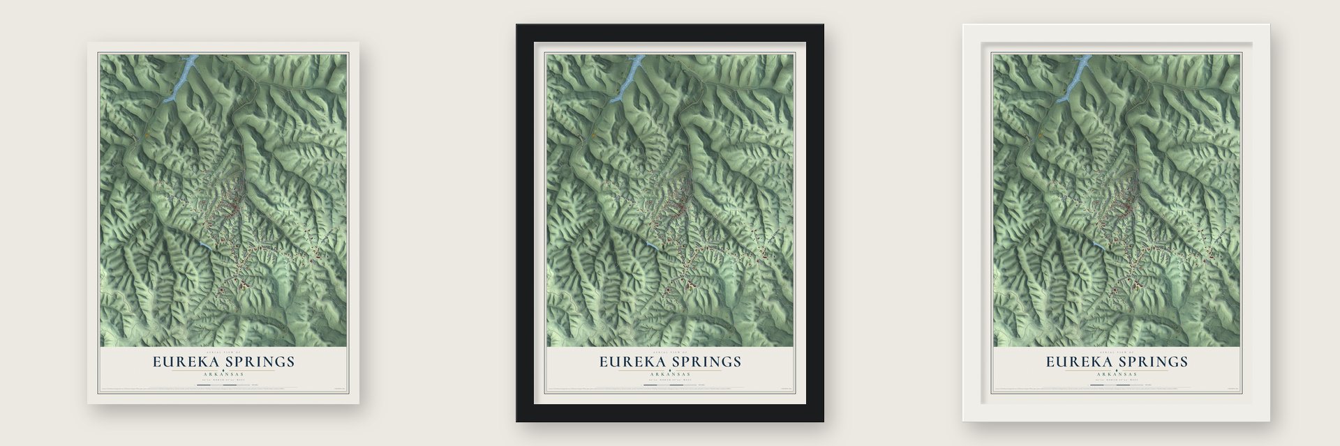 Eureka Springs, Arkansas map unframed, in a black wood frame and in a white wood frame
