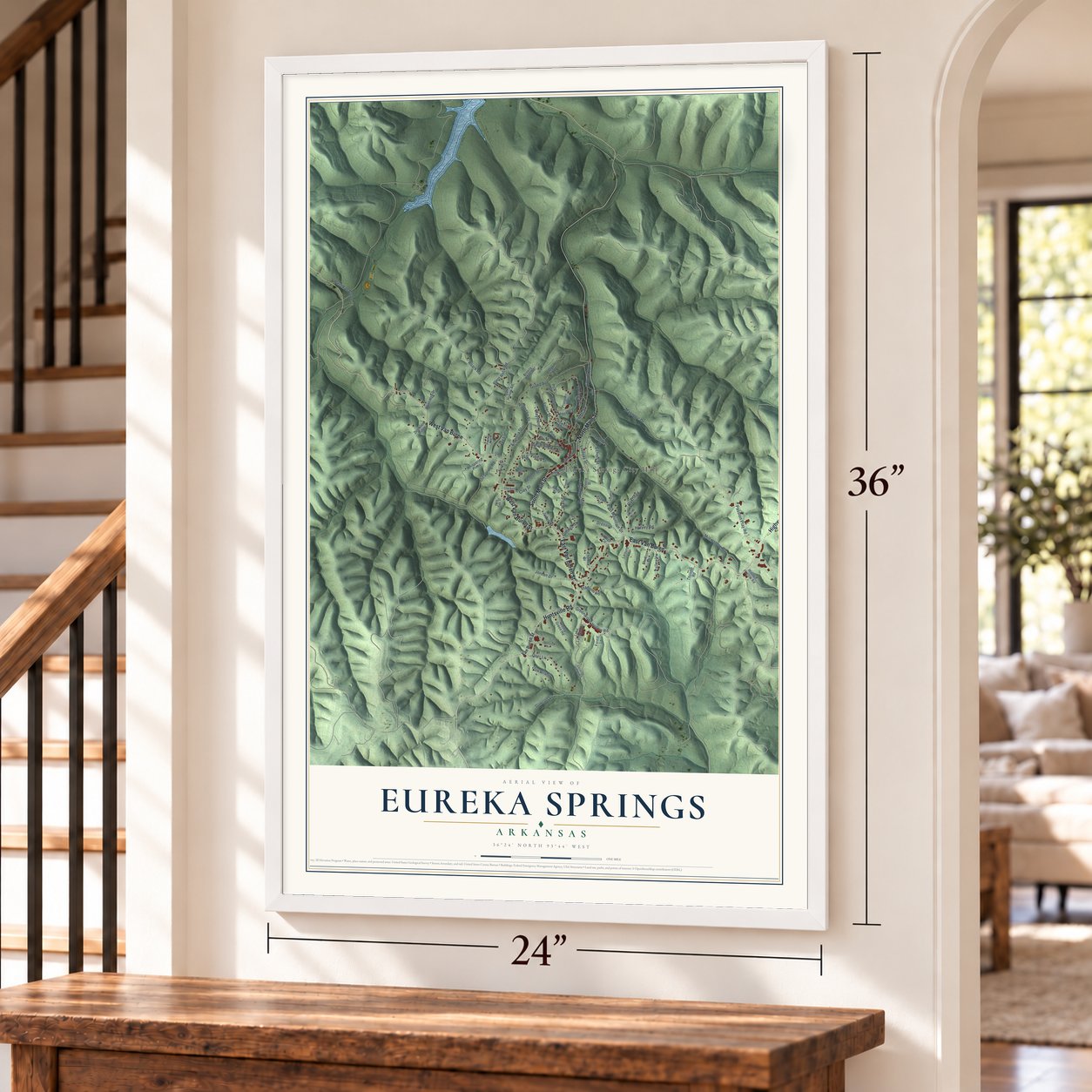 Eureka Springs, Arkansas map, 24 x 36 inch print in a white frame by a staircase