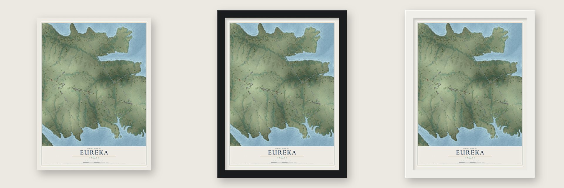 Eureka, Texas map unframed, in a black wood frame and in a white wood frame