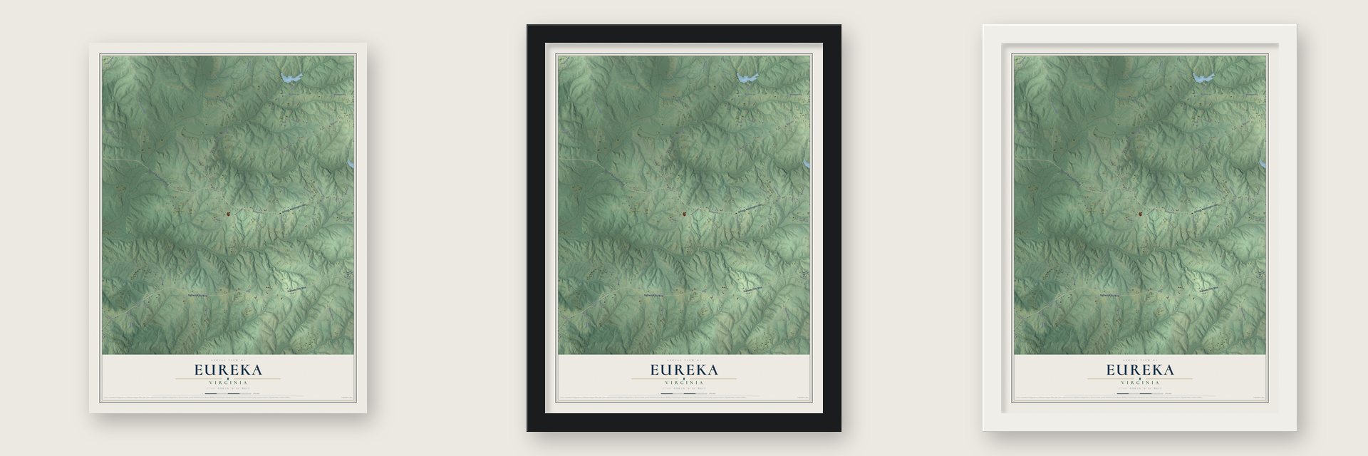Eureka, Virginia map unframed, in a black wood frame and in a white wood frame
