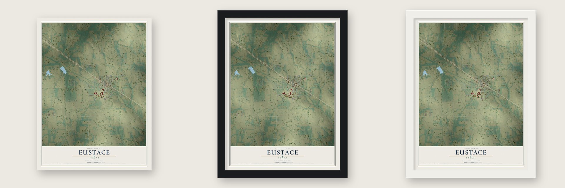 Eustace, Texas map unframed, in a black wood frame and in a white wood frame