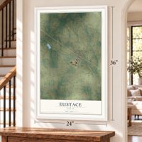Eustace, Texas map, 24 x 36 inch print in a white frame by a staircase