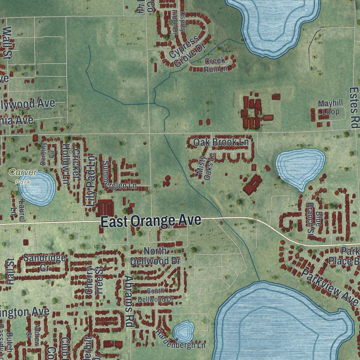 Second close-up of the map of Eustis, Florida print showing more streets and buildings