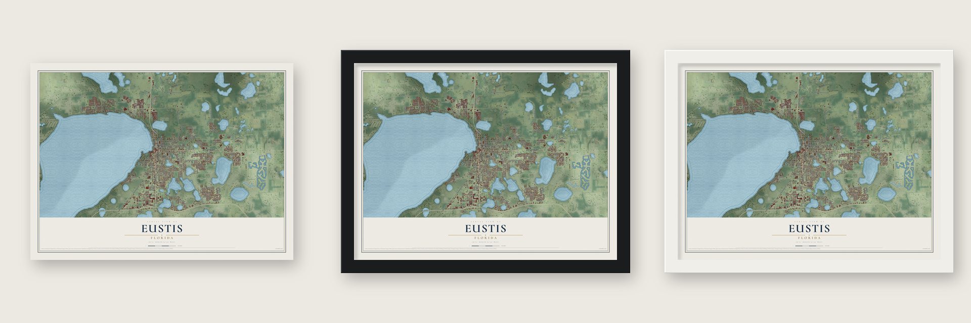 Eustis, Florida map unframed, in a black wood frame and in a white wood frame