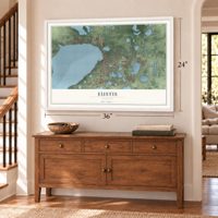 Eustis, Florida map, 24 x 36 inch print in a white frame above a dresser by a staircase