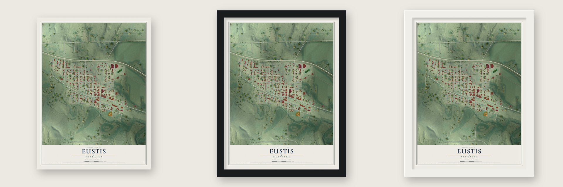 Eustis, Nebraska map unframed, in a black wood frame and in a white wood frame