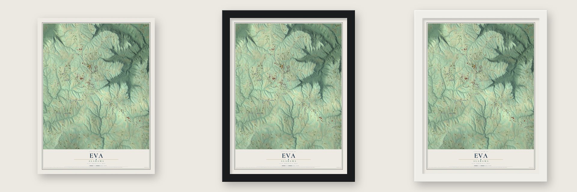 Eva, Alabama map unframed, in a black wood frame and in a white wood frame