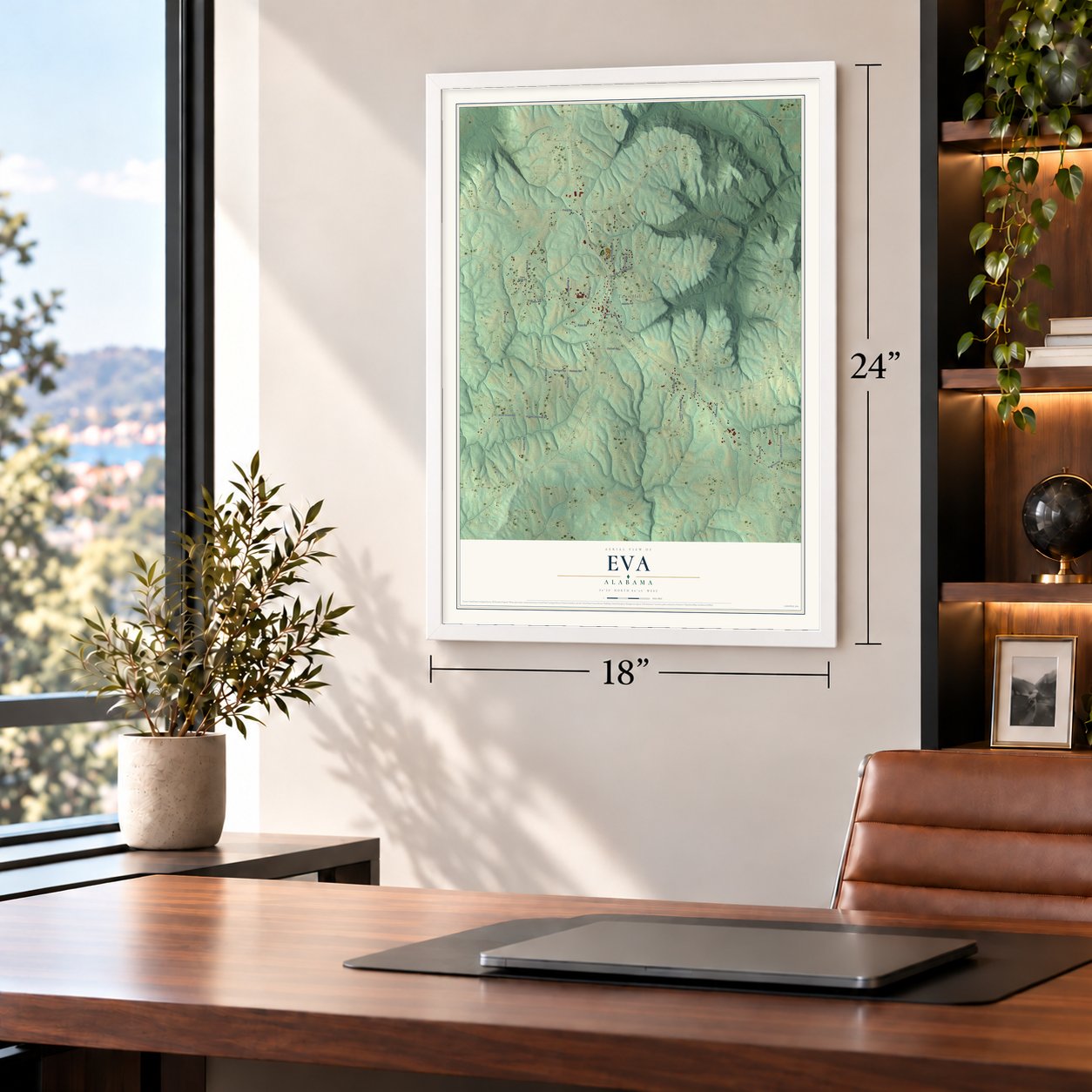 Eva, Alabama map, 18 x 24 inch print in a white frame in a home office