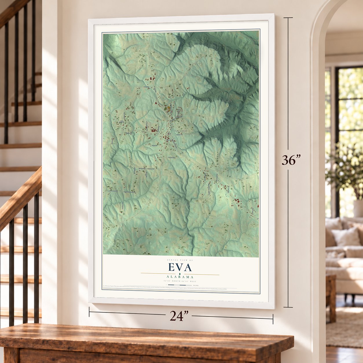 Eva, Alabama map, 24 x 36 inch print in a white frame by a staircase