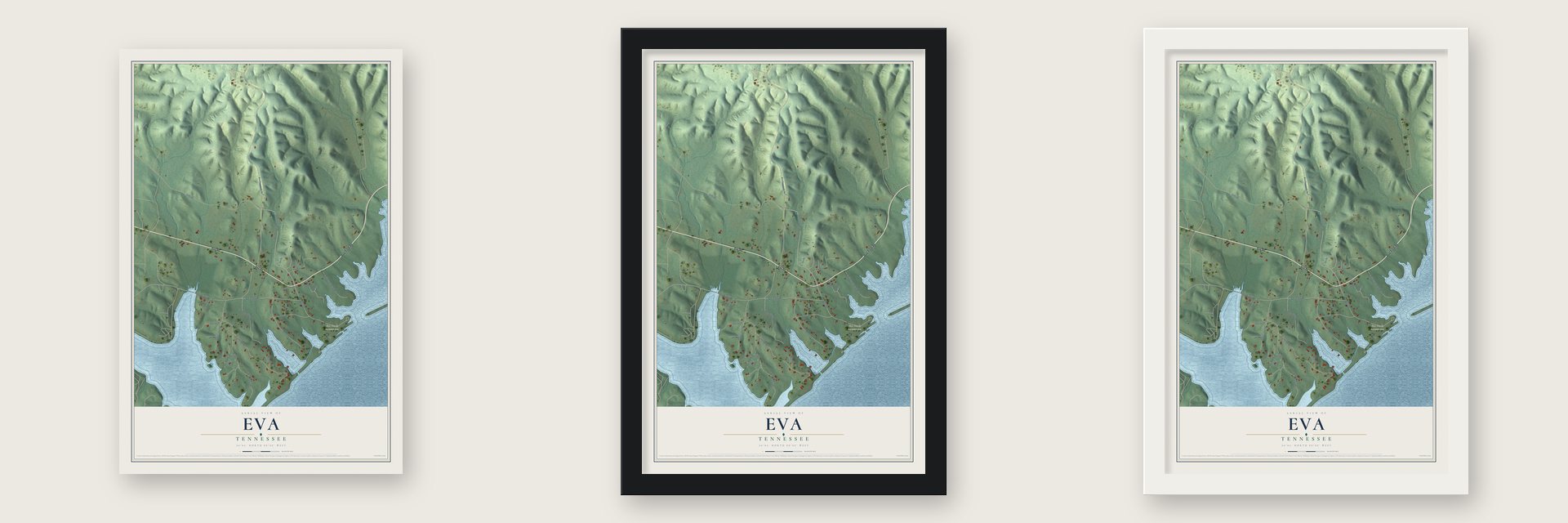 Eva, Tennessee map unframed, in a black wood frame and in a white wood frame