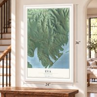 Eva, Tennessee map, 24 x 36 inch print in a white frame by a staircase