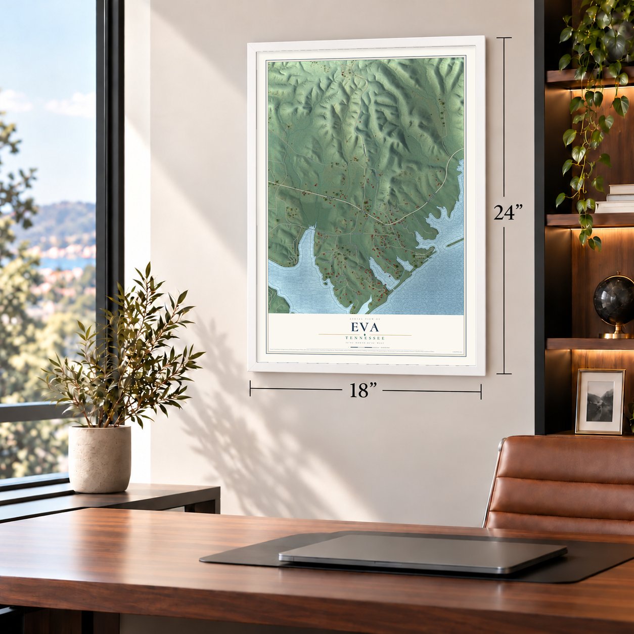 Eva, Tennessee map, 18 x 24 inch print in a white frame in a home office