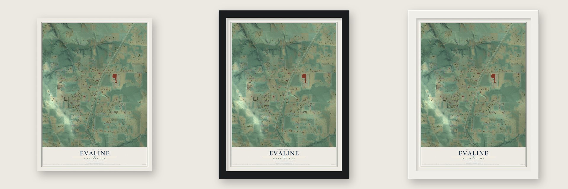 Evaline, Washington map unframed, in a black wood frame and in a white wood frame