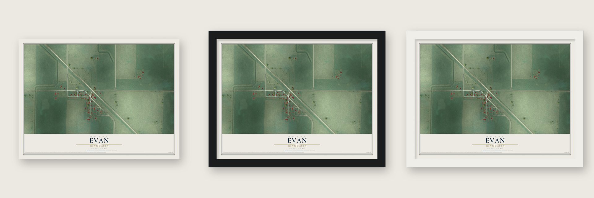 Evan, Minnesota map unframed, in a black wood frame and in a white wood frame