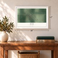 Evan, Minnesota map, 12 x 18 inch print in a white frame in an entryway