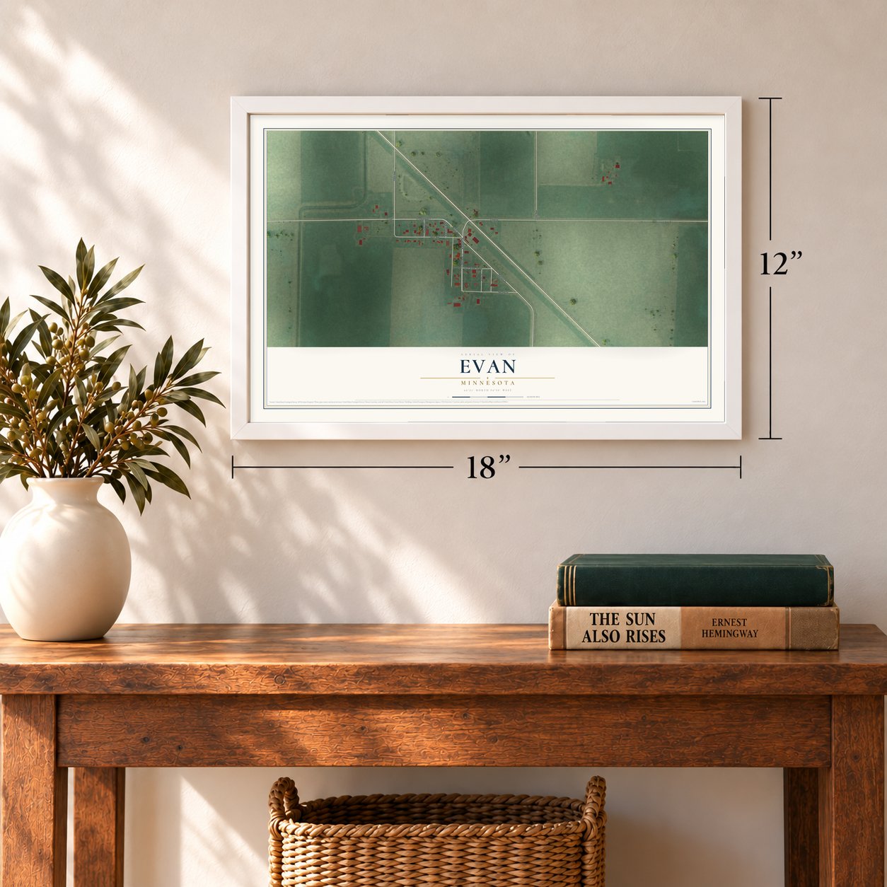 Evan, Minnesota map, 12 x 18 inch print in a white frame in an entryway