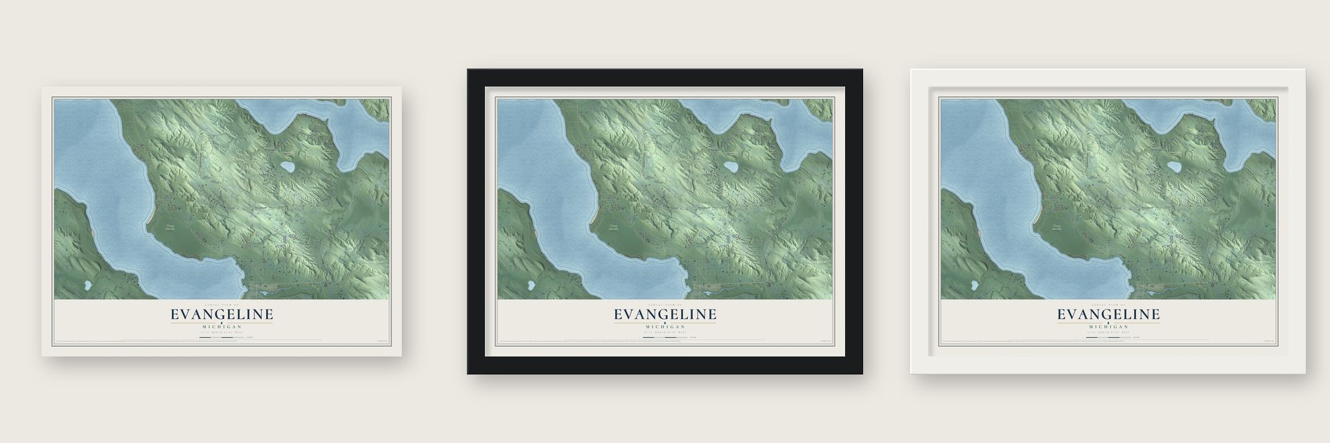 Evangeline, Michigan map unframed, in a black wood frame and in a white wood frame