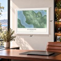 Evangeline, Michigan map, 18 x 24 inch print in a white frame in a home office