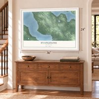 Evangeline, Michigan map, 24 x 36 inch print in a white frame above a dresser by a staircase